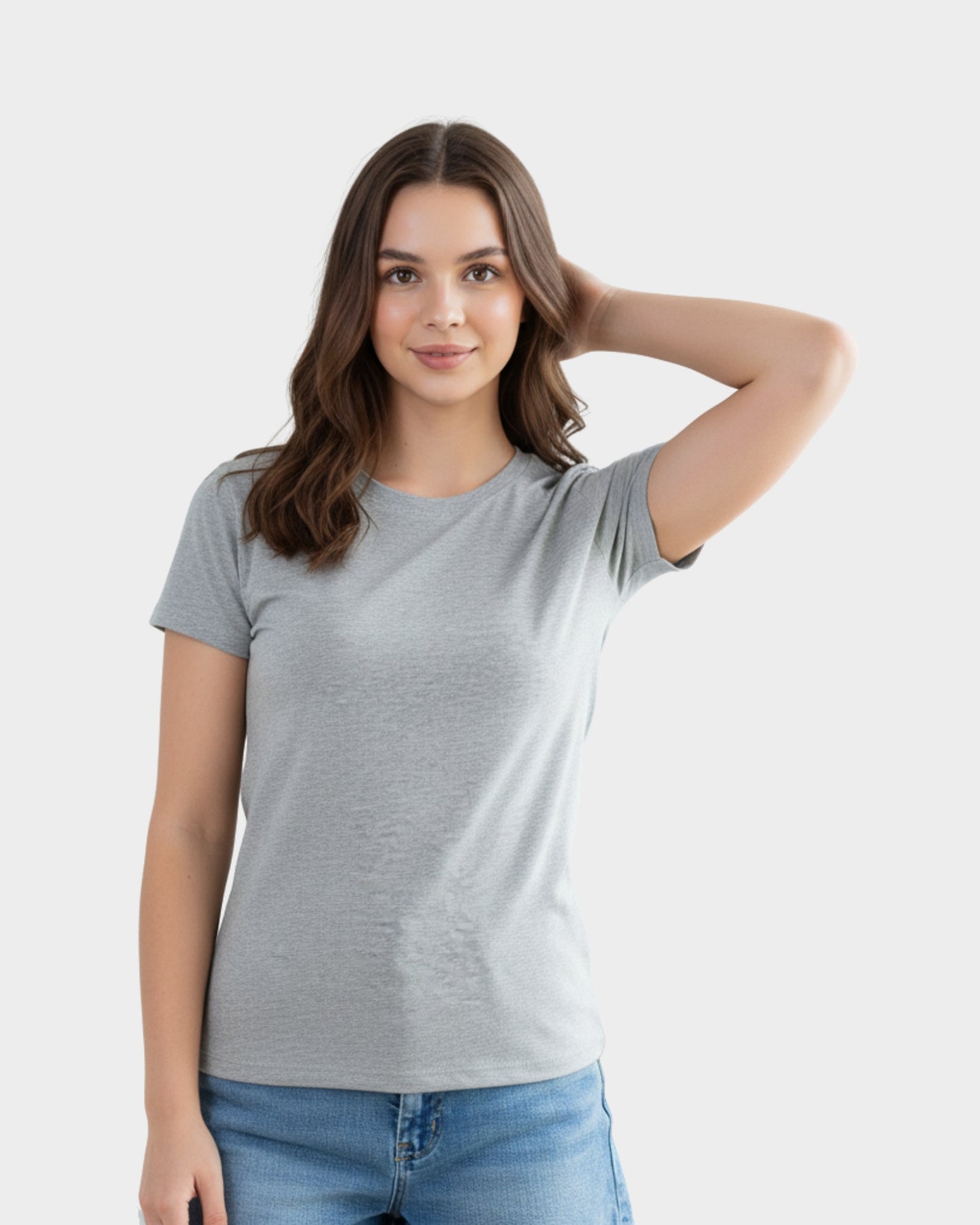 Vista frontal de polo básico mujer color plomo cuello redondo en algodón 24/1