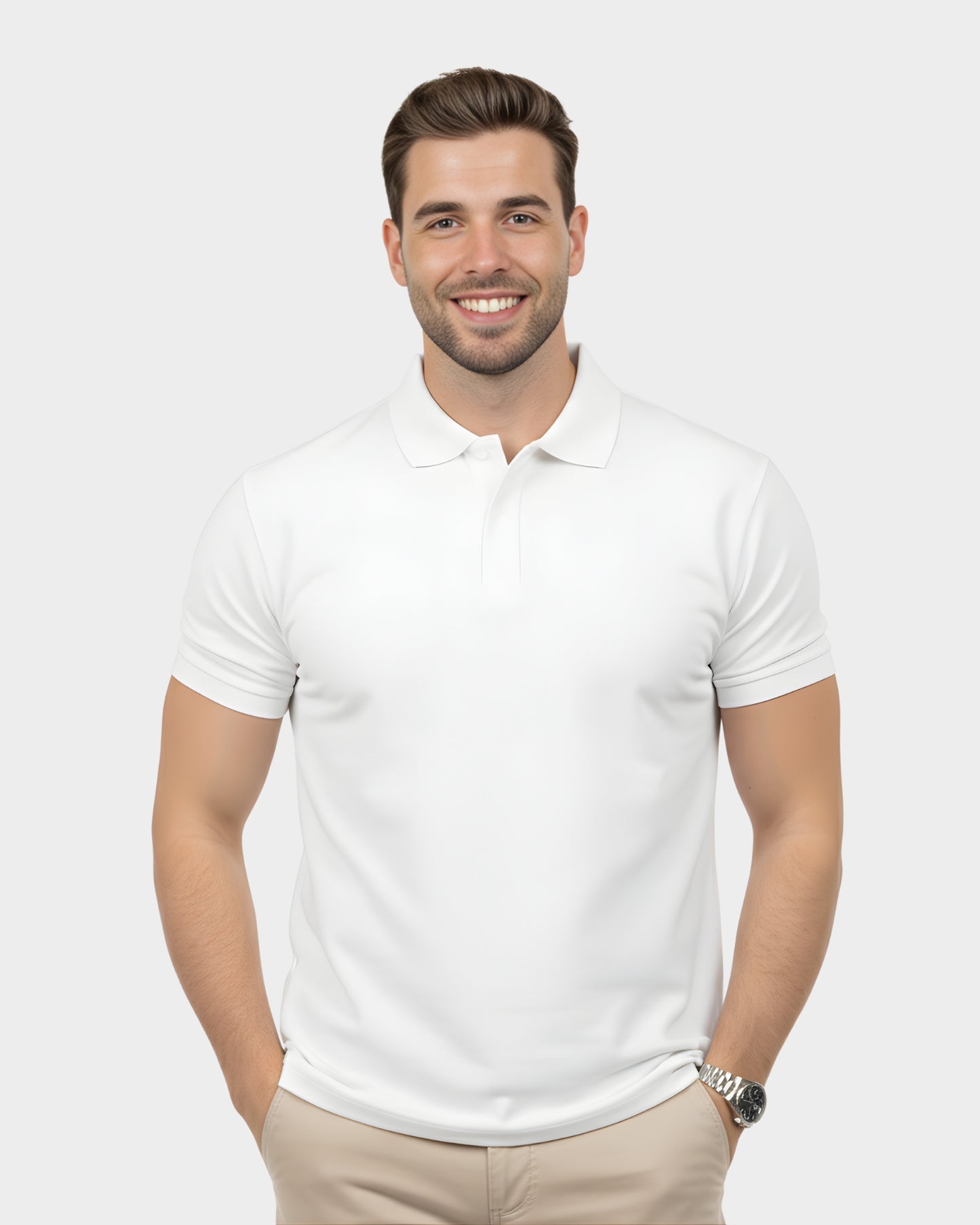 vista frontal del polo camisero para hombre color blanco en algodon piqué