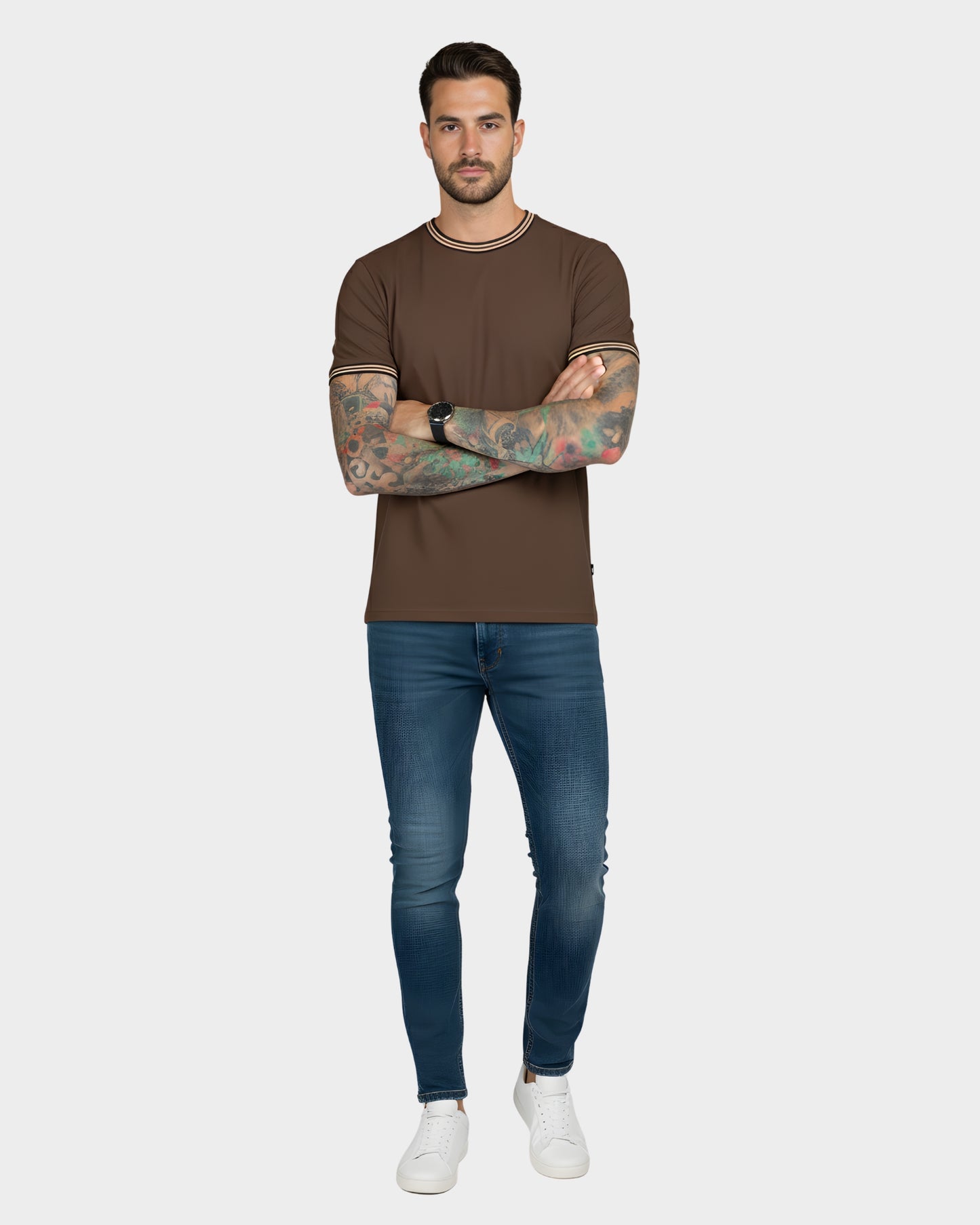 Polo con detalle cuello y mangas hombre negro piqué waffle ribete marrón – Basicos365