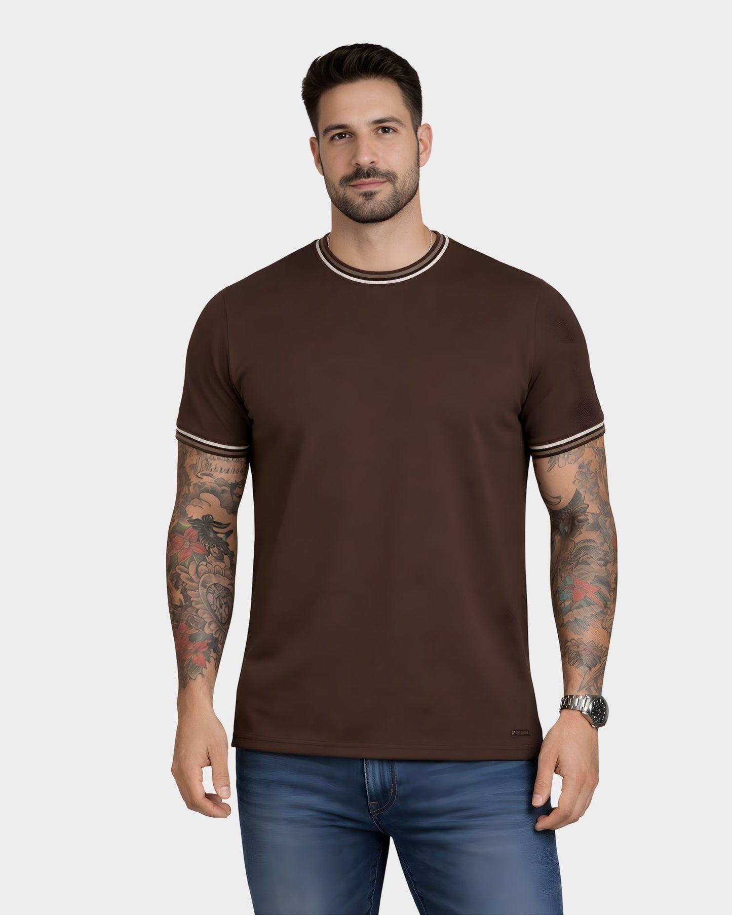 Polo con detalle cuello y mangas hombre negro piqué waffle ribete marrón – Basicos365