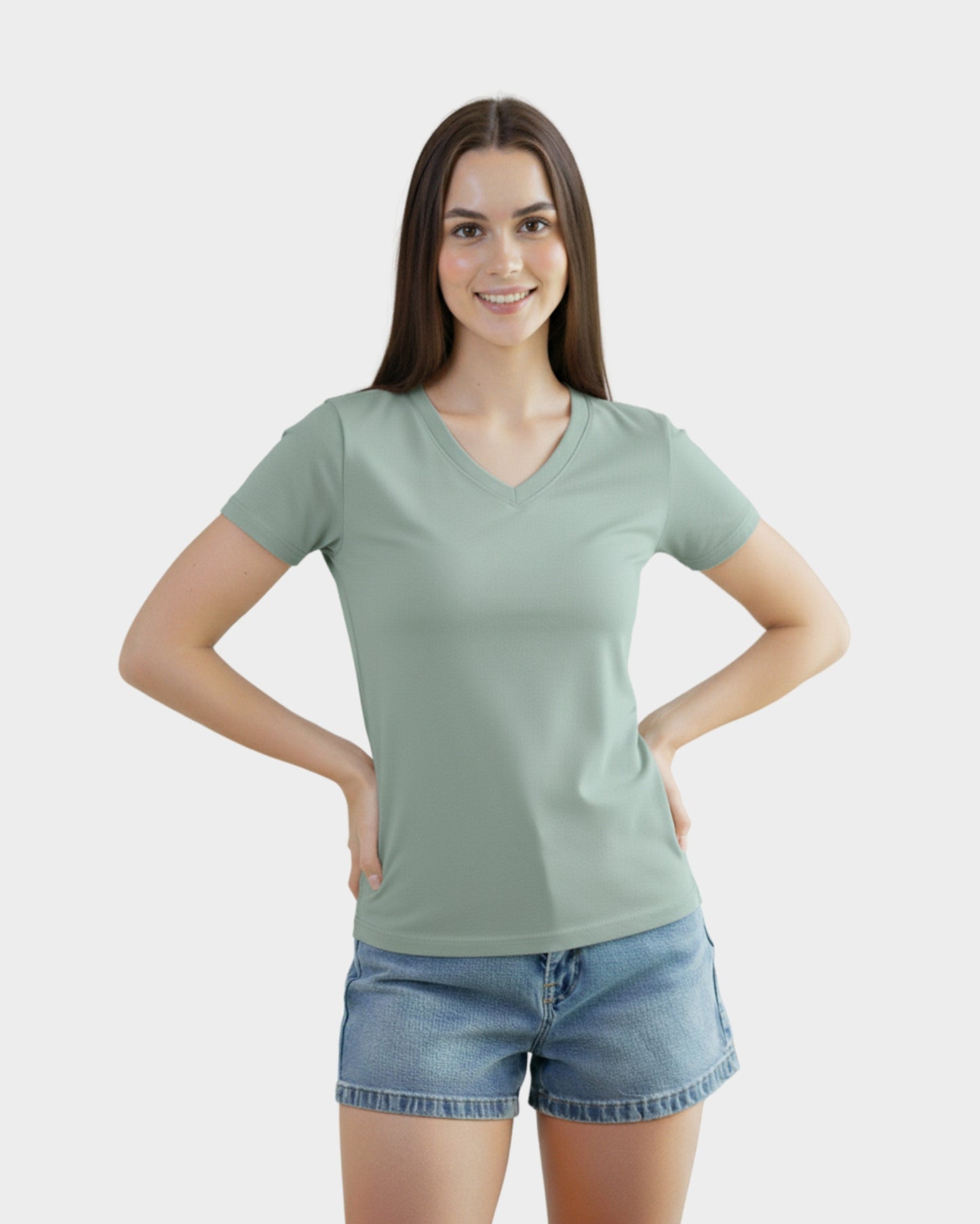 Vista frontal polo cuello v mujer color verde cemento algodón que estiliza