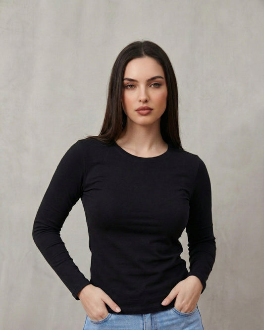 vista frontal del polo manga larga mujer color negro en algodón 24/1