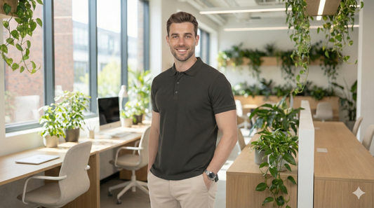 Hombre usando polo camisero pique verde militar y pantalon beige outfit oficina verano lima basicos365