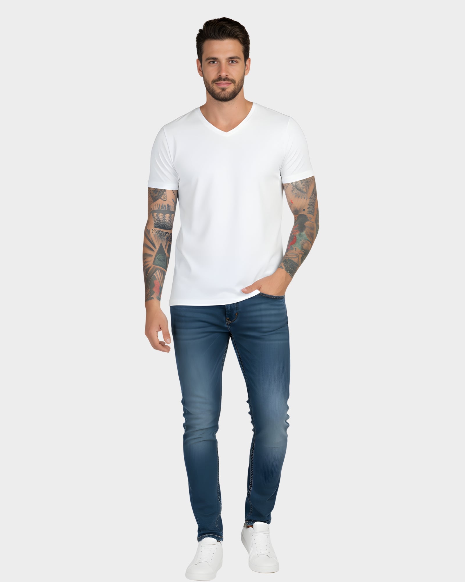 vista frontal del polo basico para hombre cuello v color blanco en algodón 24/1#Color_Blanco