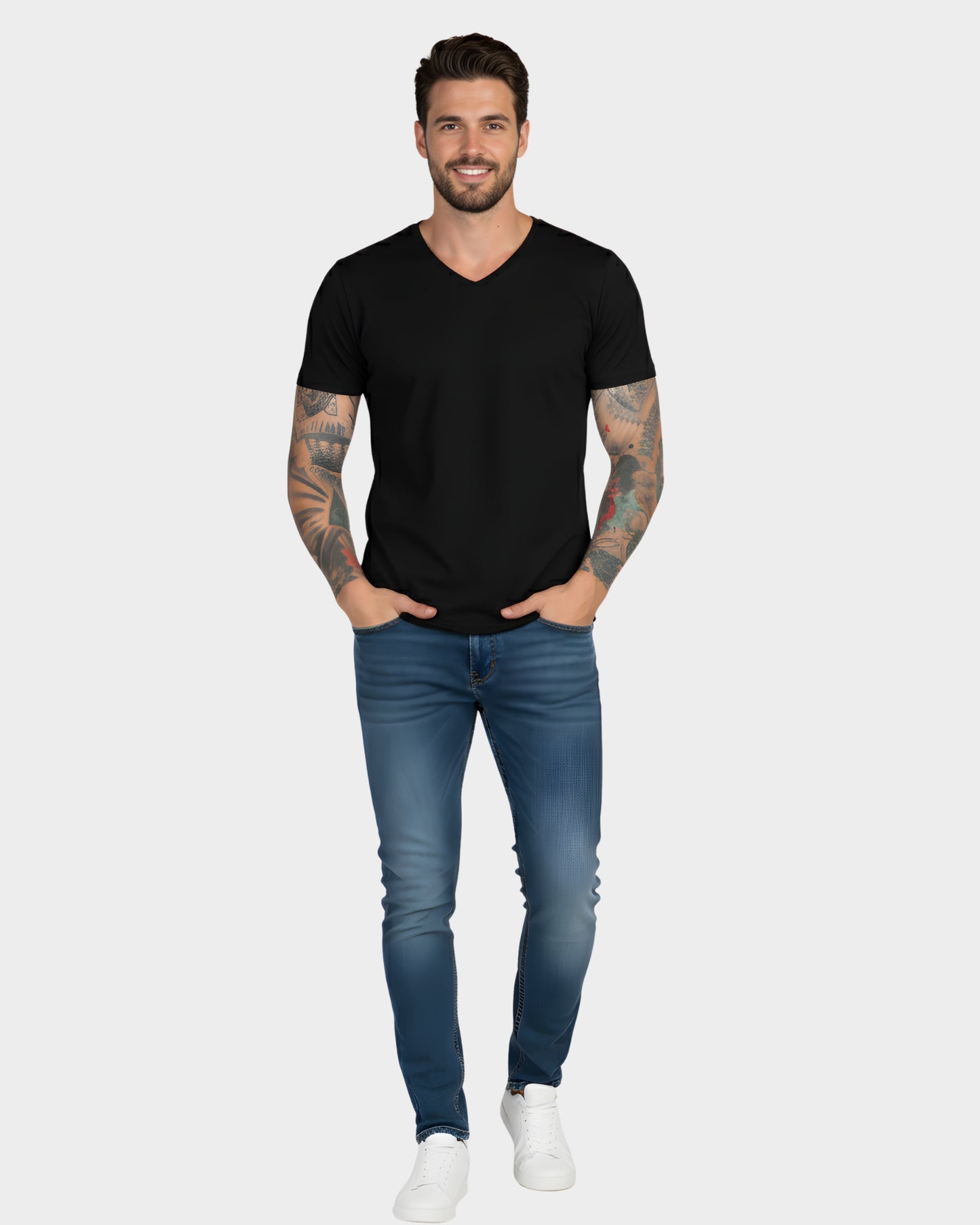 vista frontal del polo basico cuello v hombre color negro en algodón 24/1#Color_Negro