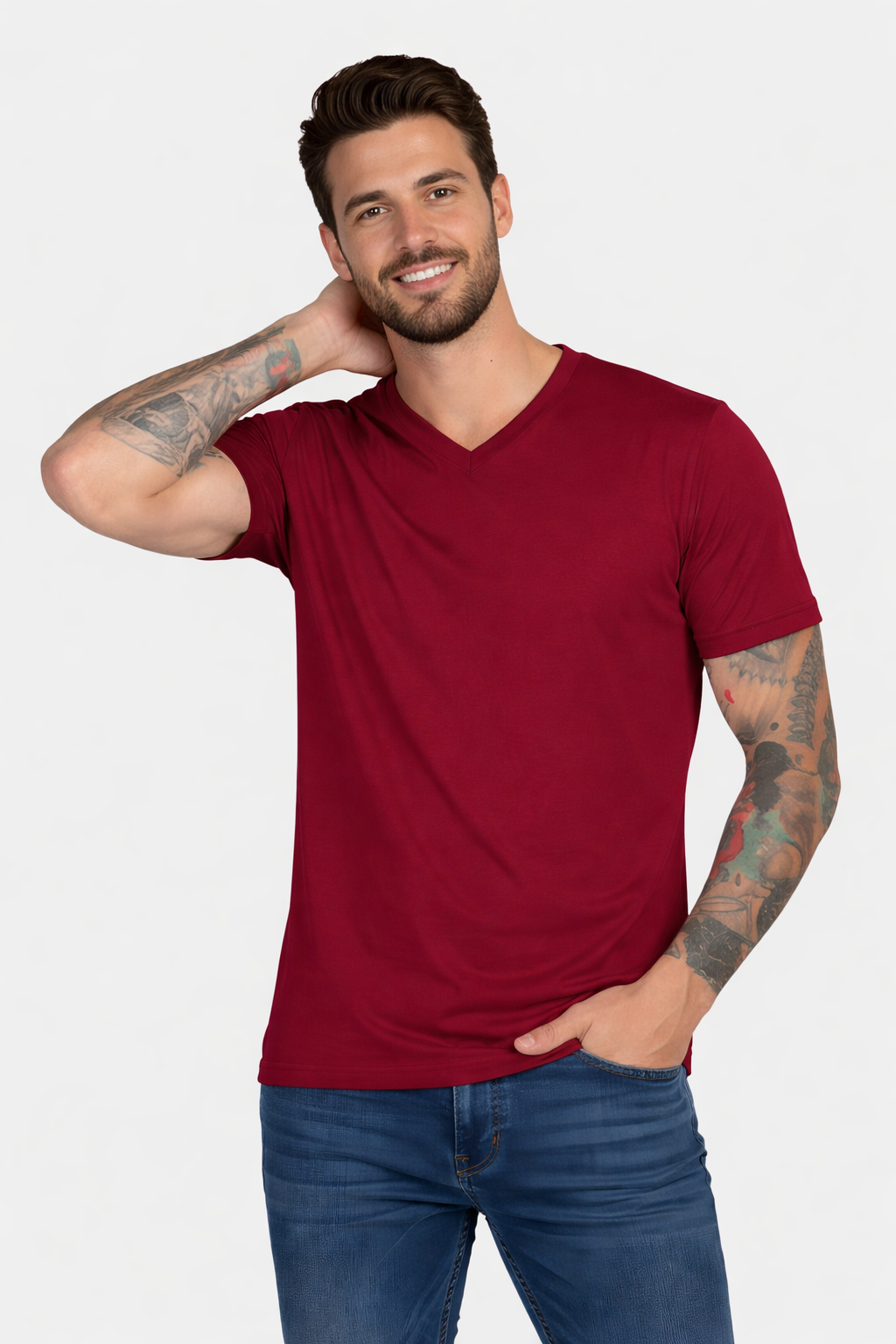 vista frontal del polo basico cuello v hombre color vino en algodón 24/1