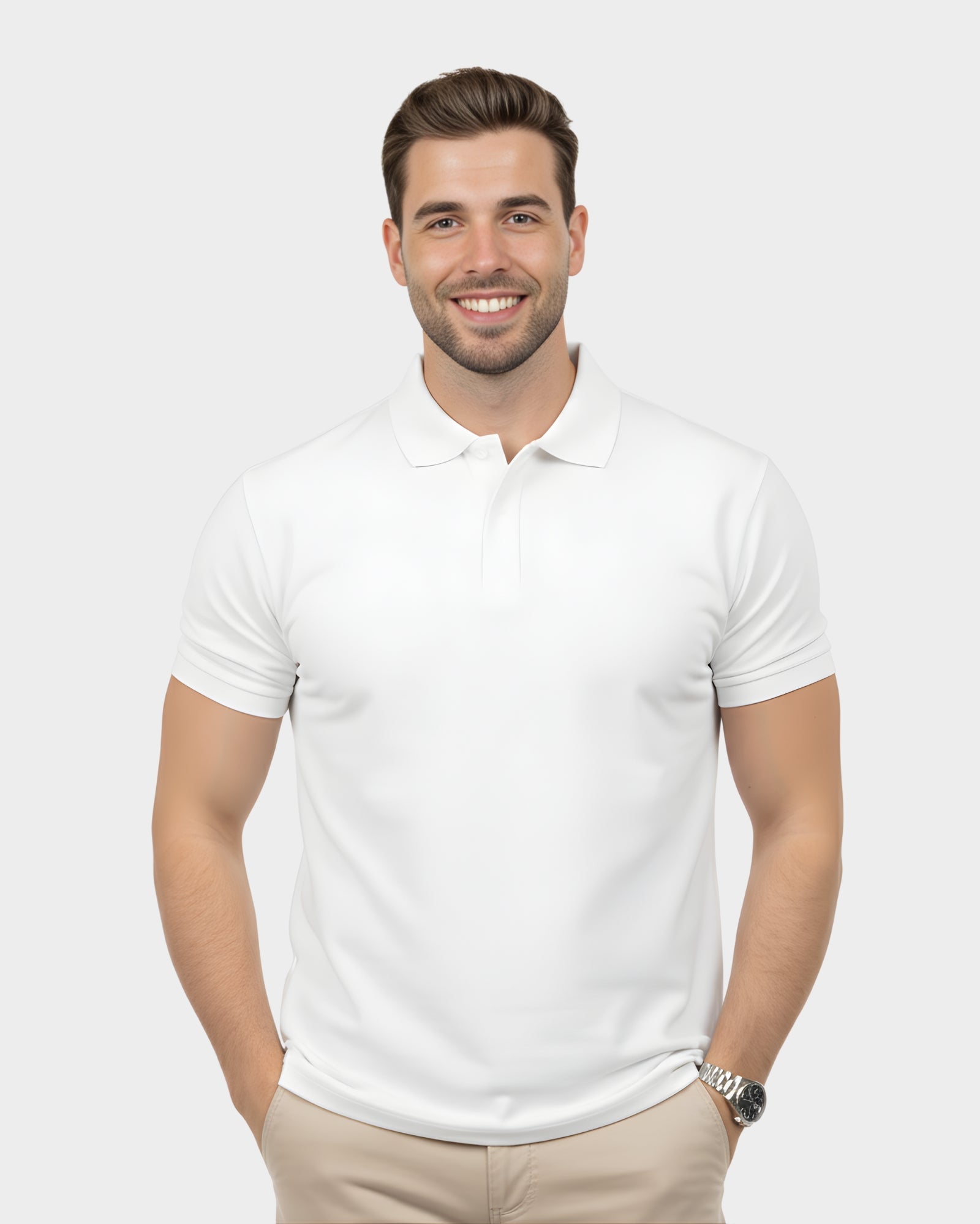 vista frontal del polo camisero para hombre color blanco en algodon piqué