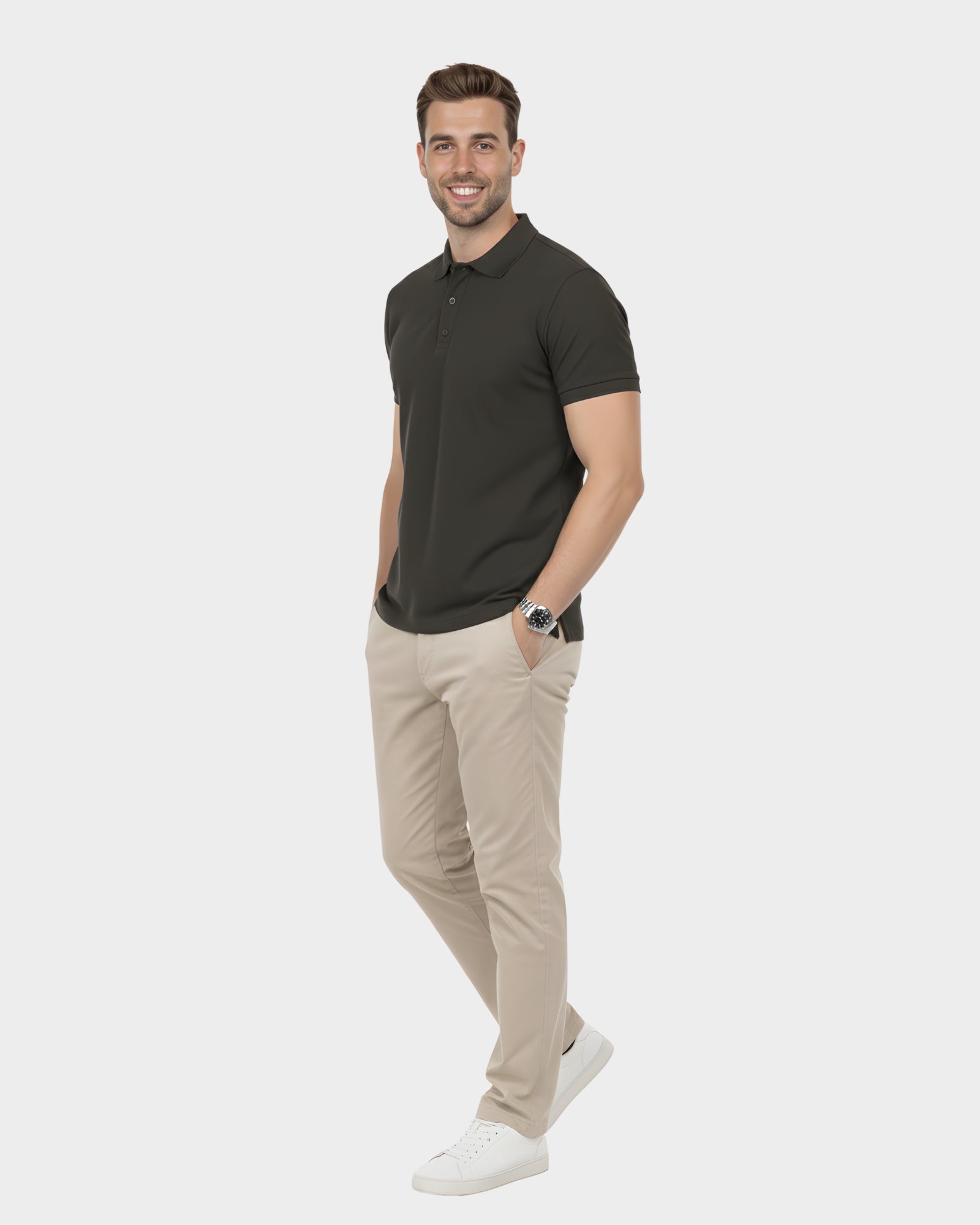 vista frontal del polo camisero para hombre color gris oscuro en algodon piqué