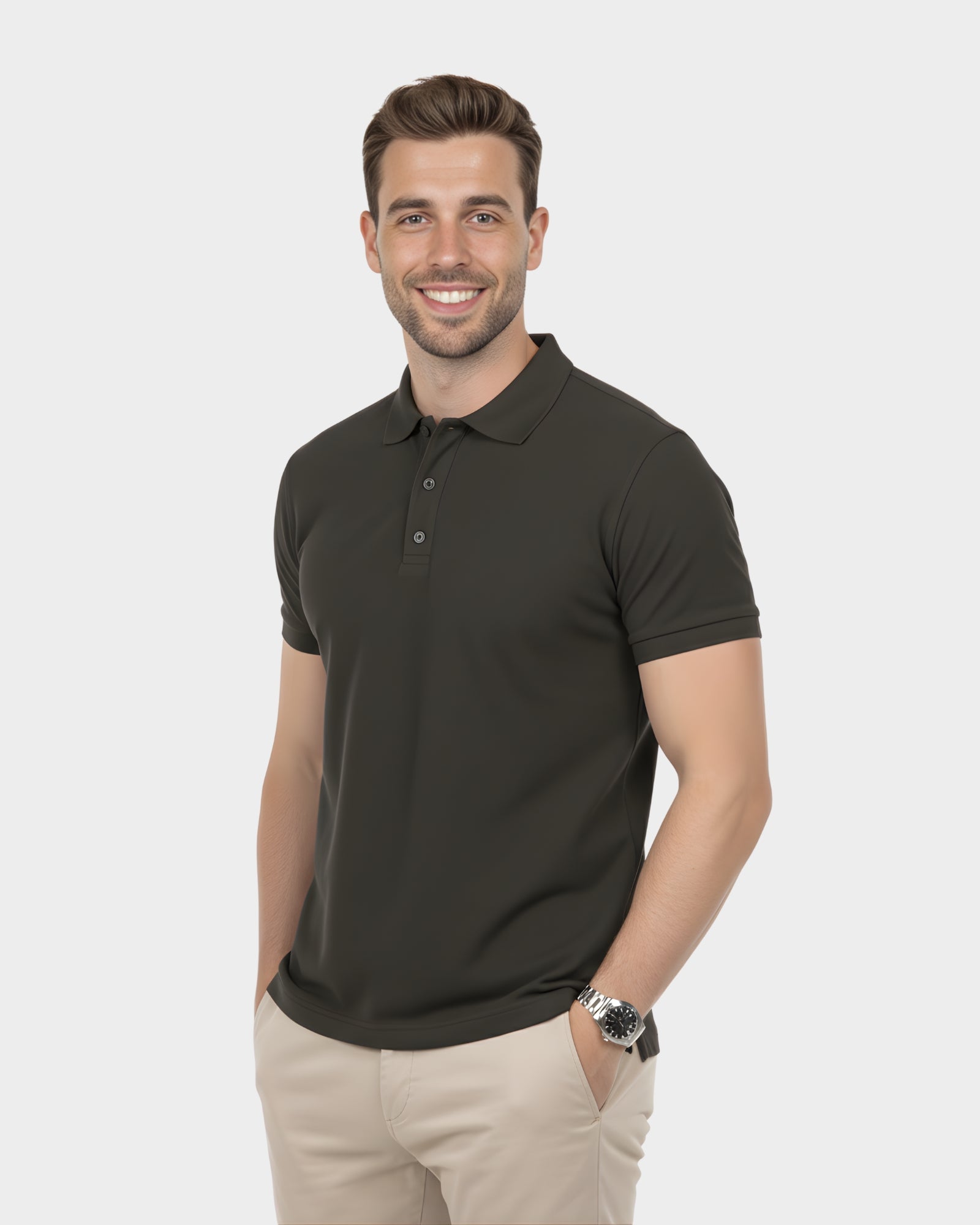 vista de frente del polo camisero para hombre color gris oscuro en algodon piqué