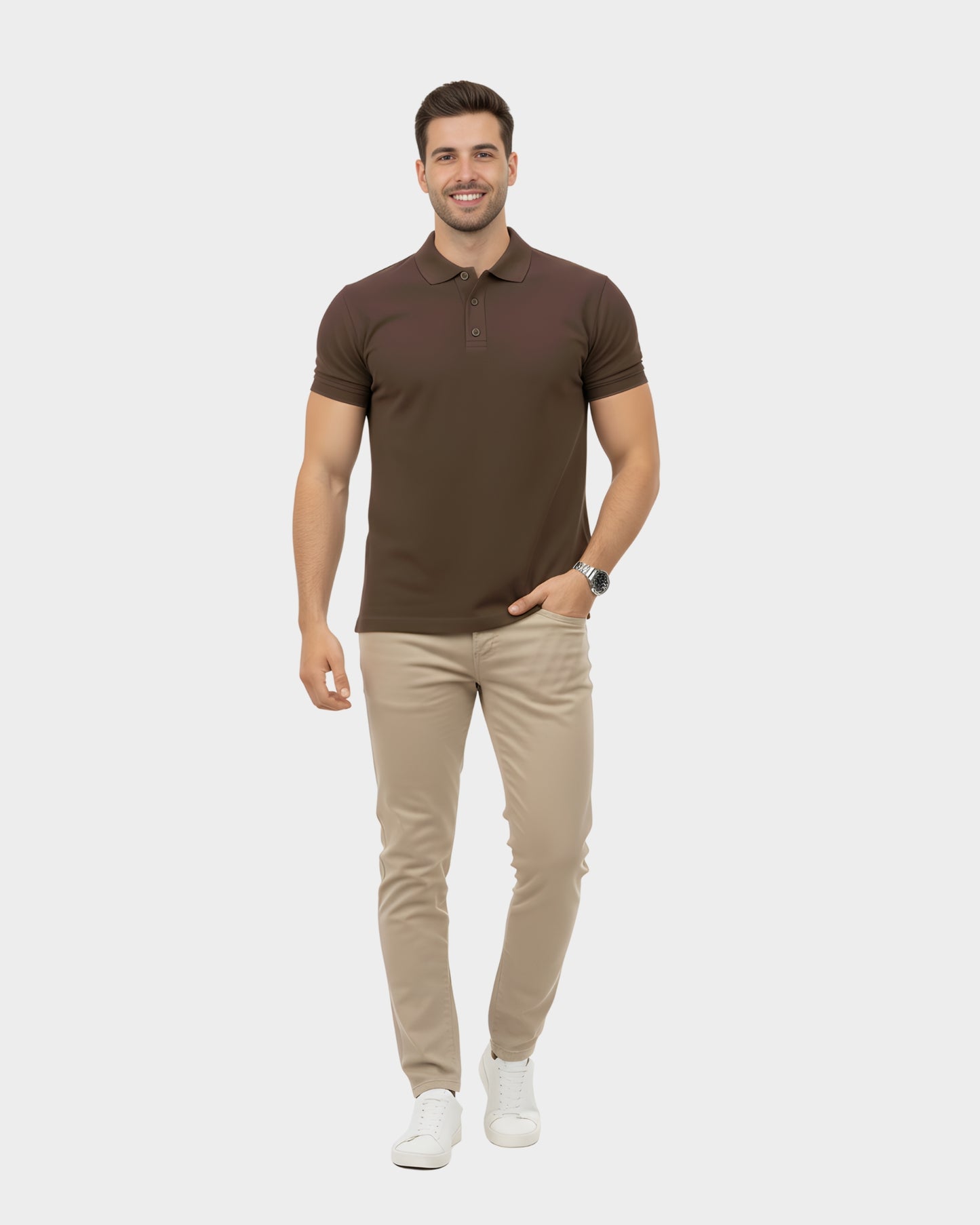 vista frontal del polo camisero para hombre color marron en algodon piqué