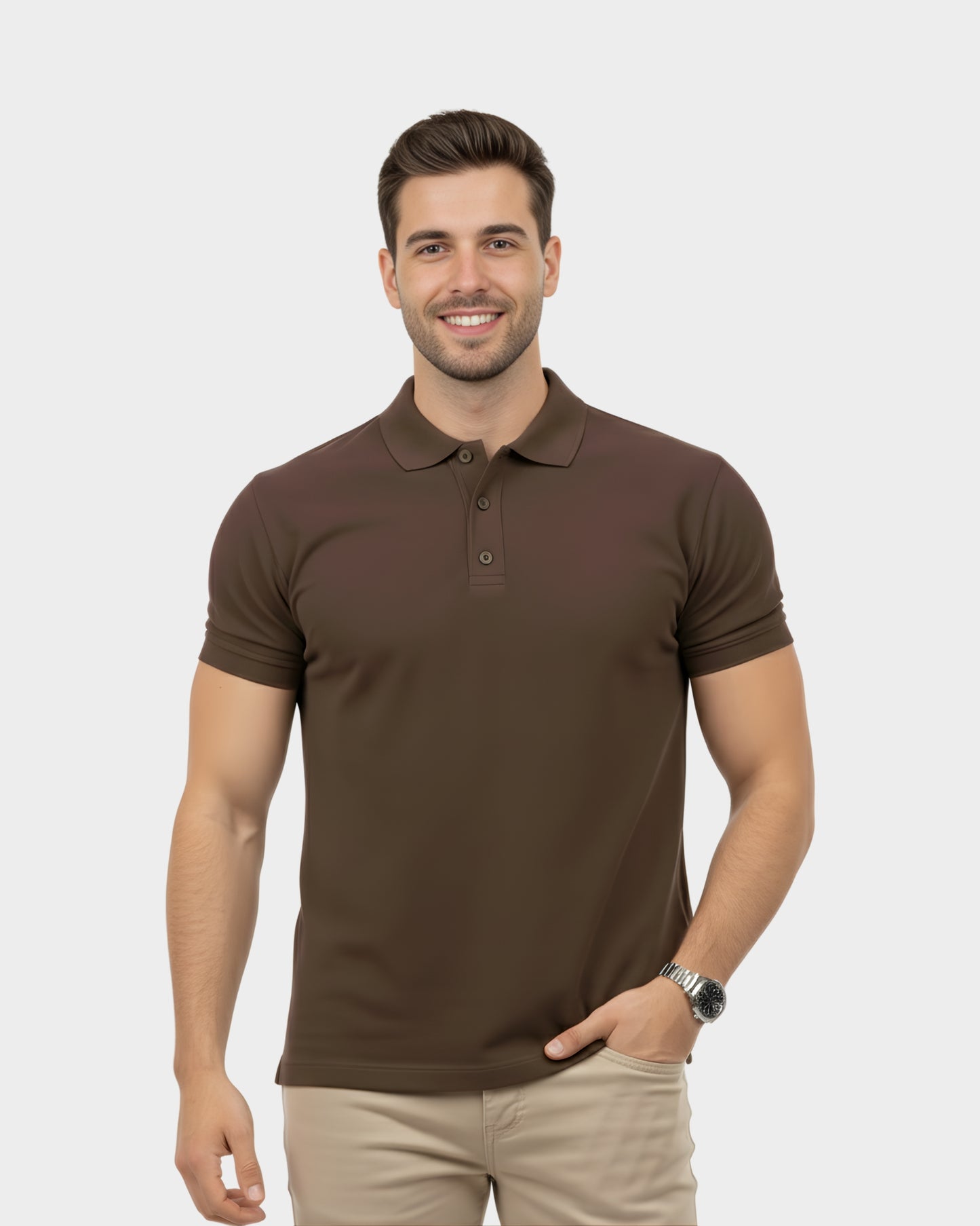 vista de frente del polo camisero para hombre color marron en algodon piqué