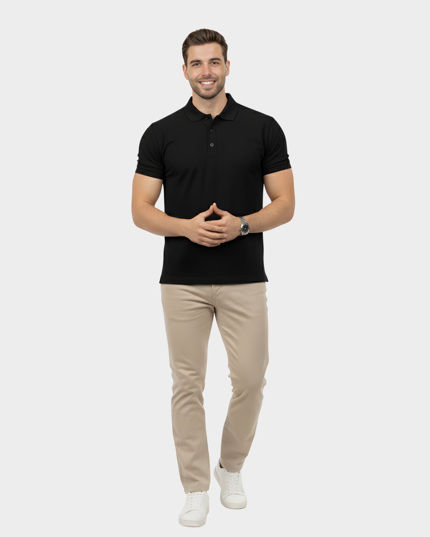vista frontal del polo camisero para hombre color negro en algodon piqué