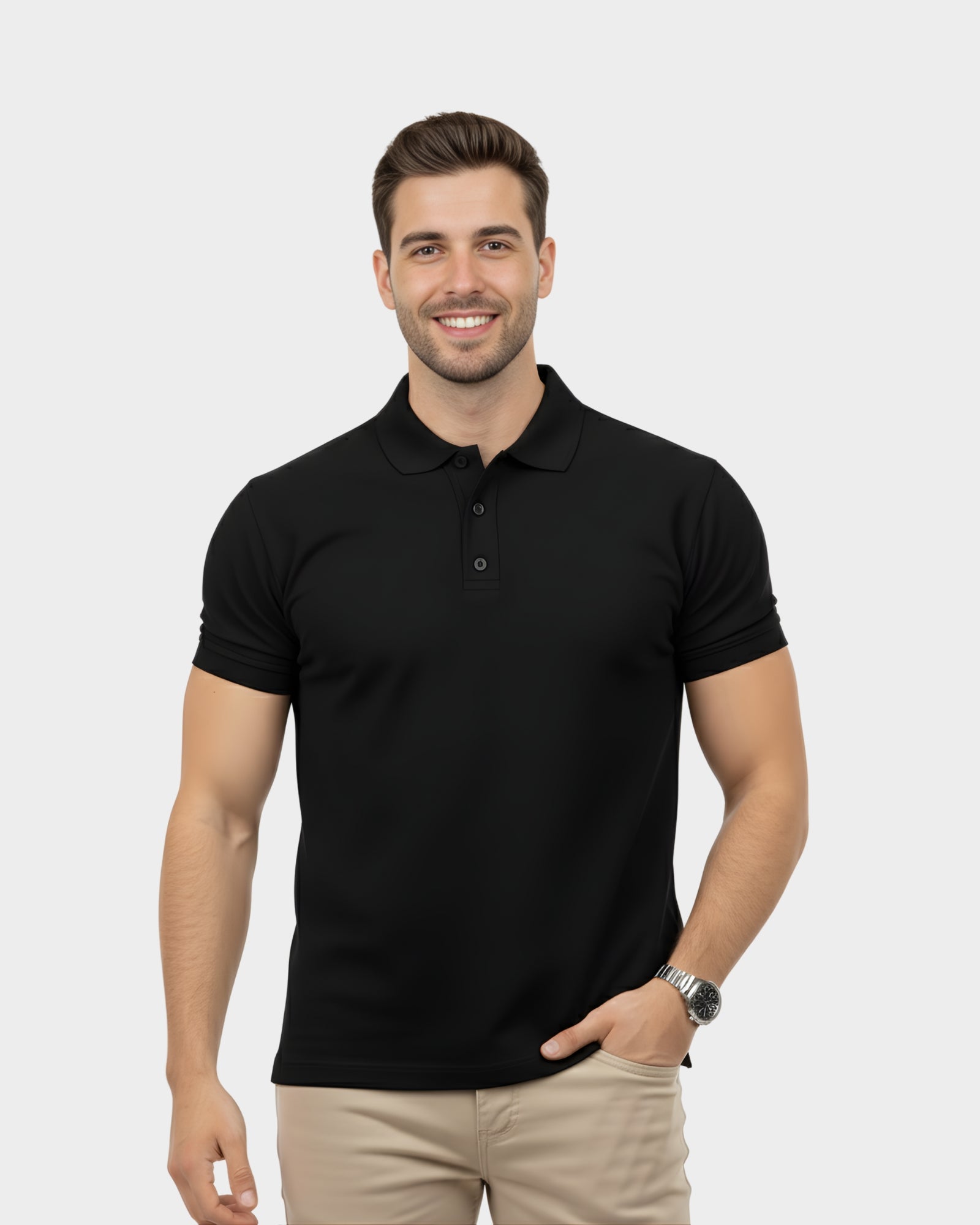 vista de frente del polo camisero para hombre color negroen algodon piqué