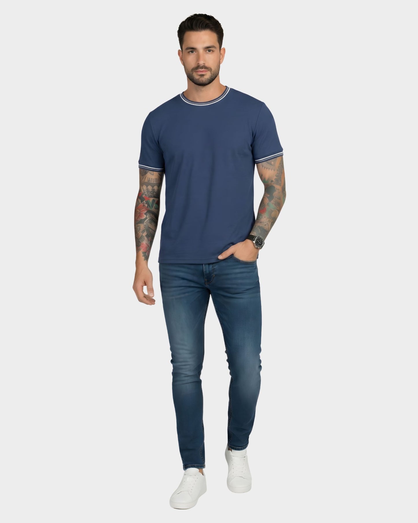 Polo con detalle cuello y mangas hombre negro piqué waffle ribete ACERO – Básicos 365