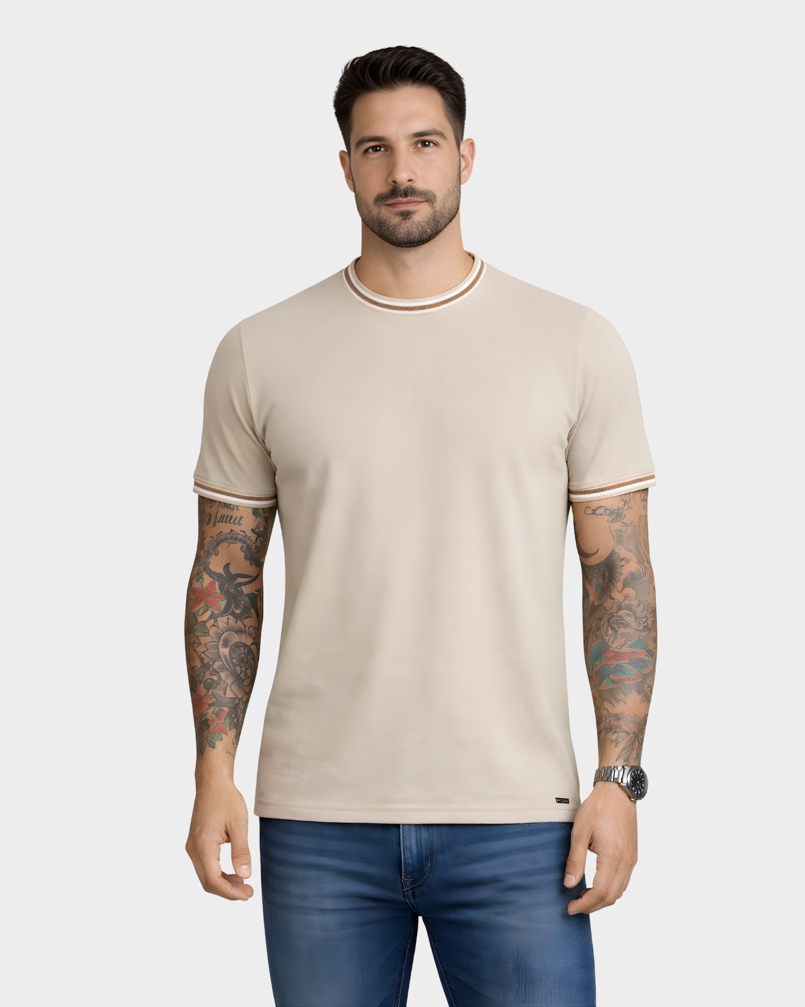 Polo con detalle cuello y mangas hombre negro piqué waffle ribete beige – Basicos365