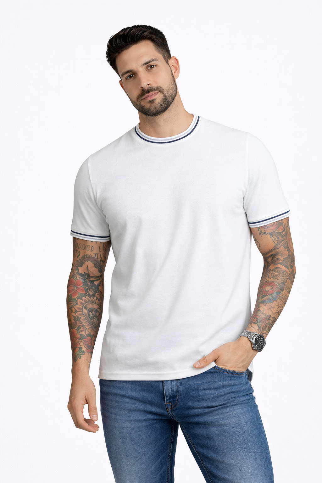 Polo con detalle cuello y mangas hombre negro piqué waffle ribete blanco – Basicos365