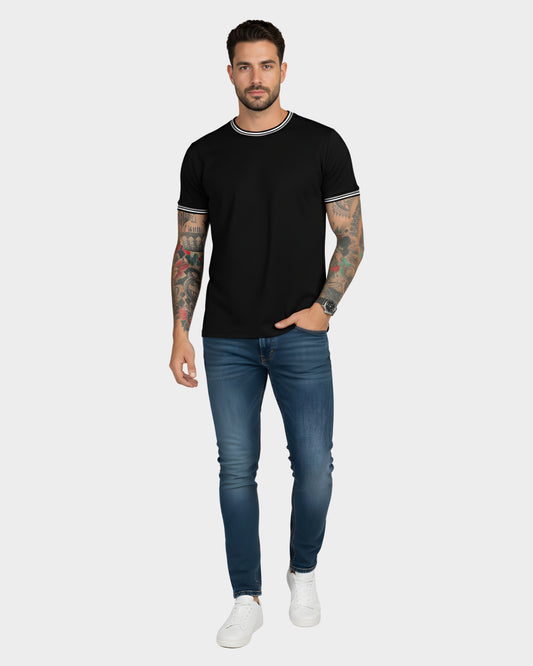 Polo con detalle cuello y mangas hombre negro piqué waffle ribete negro – Basicos365