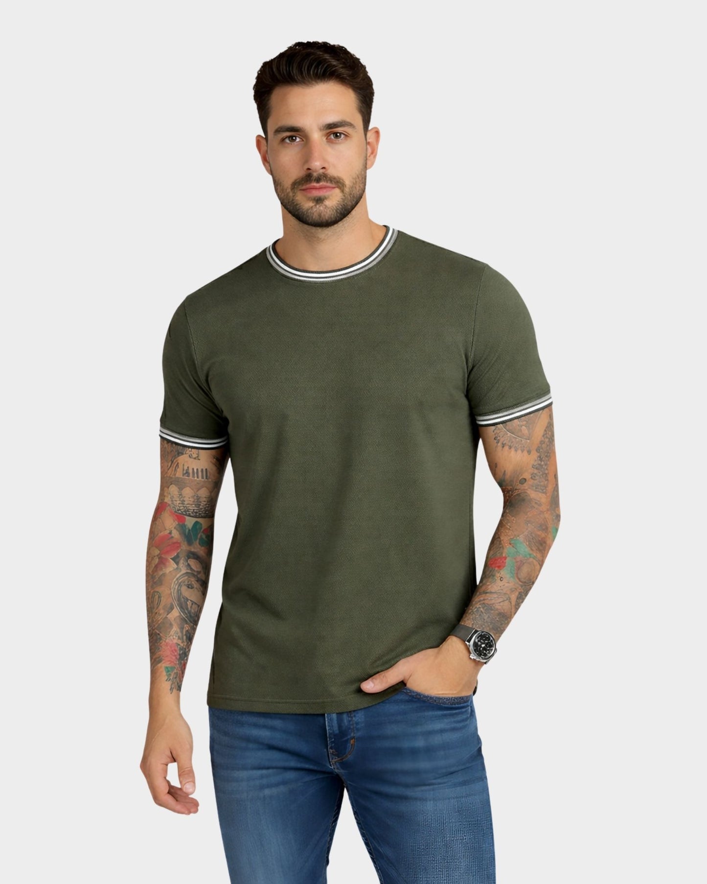 Polo con detalle cuello y mangas hombre negro piqué waffle ribete verde militar – Basicos365