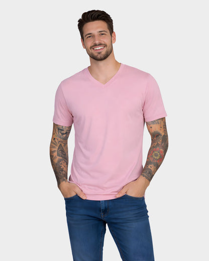 vista frontal del polo basico cuello v hombre color rosado vintage en algodón 24/1