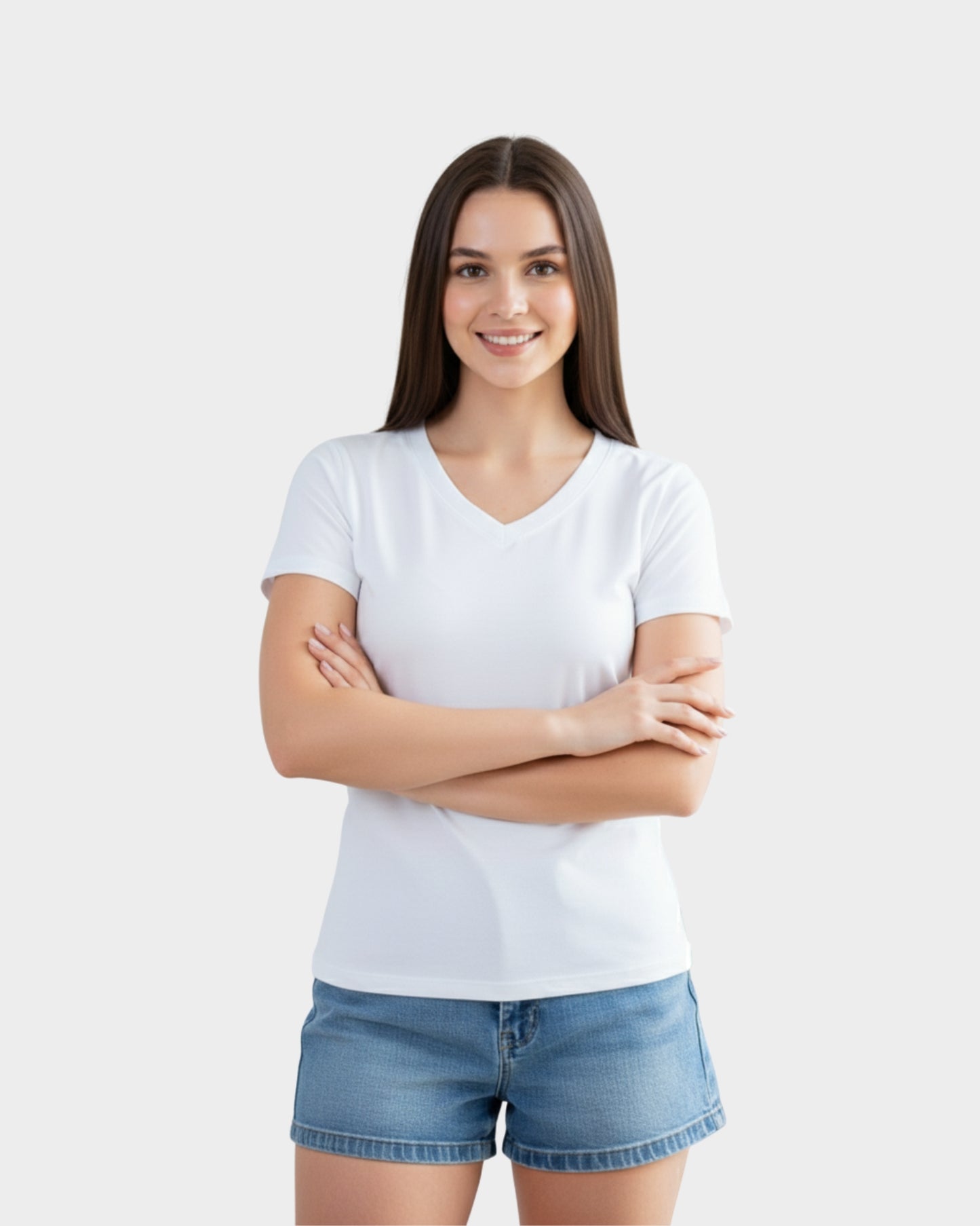 Vista frontal polo cuello v mujer color blanco algodón que estiliza