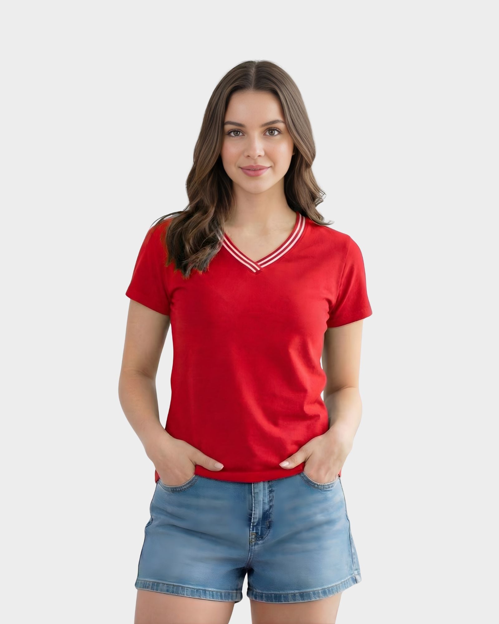 Outfit polo rojo cuello V ribete mujer verano lima